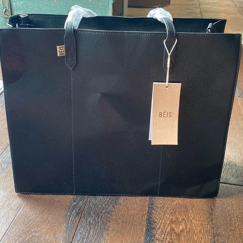 NWT BEIS the work tote black large size laptop pocket pouch vegan leather